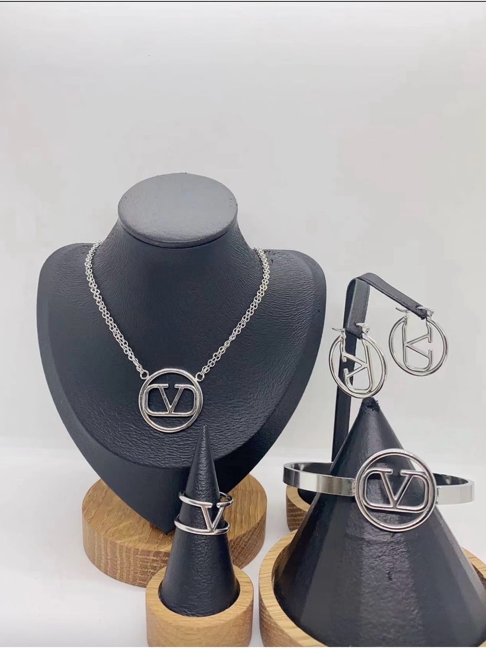 Fashion Jewelry Silver Logo Circle Necklace and Matching Set - Silver